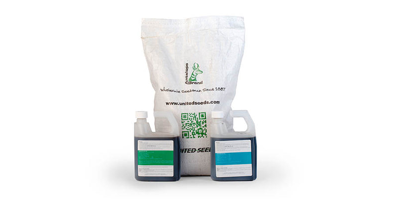 A large bag of grass seed, 1 bottle of fertilizer, and 1 bottle of lawn bio stimulant