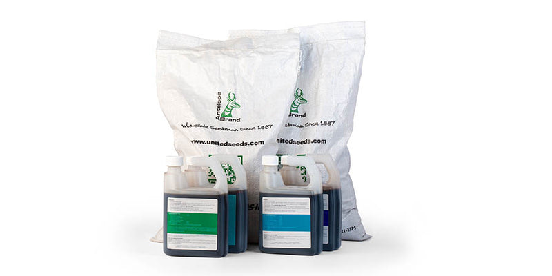 Two large bags of grass seed, 2 bottles of natural fertilizer, and 2 bottles of lawn bio stimulant