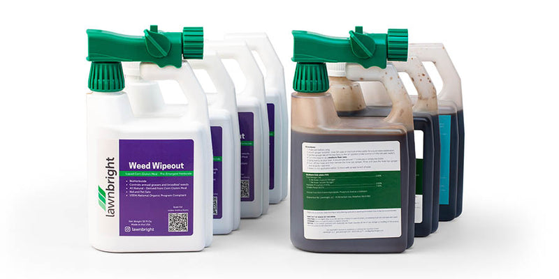 Multiple bottles of pre-emergent Weed Wipeout, and various lawn bio-stimulants.