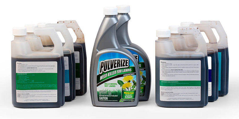 Several bottles of lawncare products with various lables: weed control, micronutrients, and fertilizers.