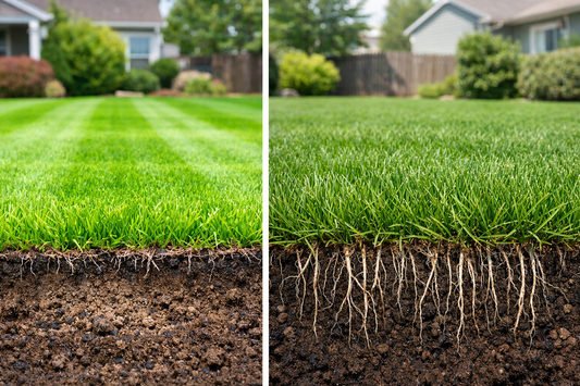 Comparison of synthetic fast-growth lawn versus natural dense healthy lawn