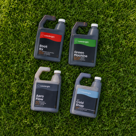 lawnbright bottles lying on a green lawn