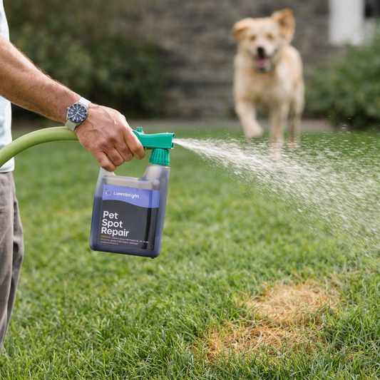 a man sprays pet spot repair on the lawn while a dog approaches