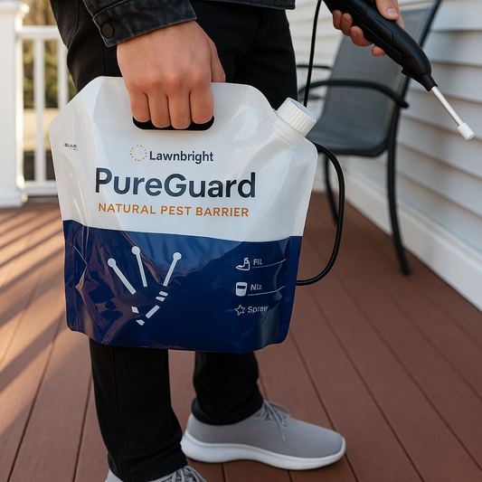 A man sprays natural pest control on a deck