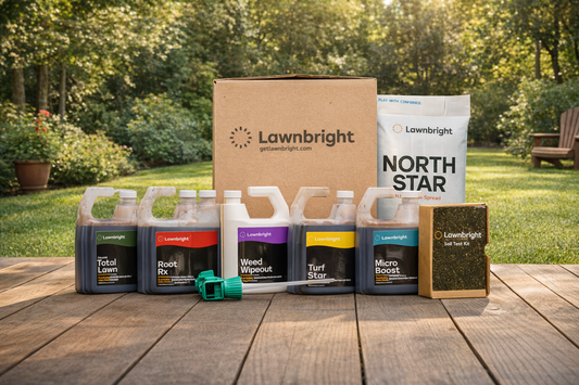 Unboxing a Lawnbright lawn care box with soil test kit, natural lawn care products, and hose-end sprayer