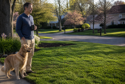 Homeowner looking at a green lawn after applying natural lawn fertilizer as part of a soil-first lawn care plan.