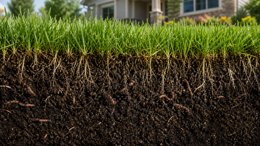 Healthy lawn with deep grass roots in nutrient-rich soil showing strong root development in early spring