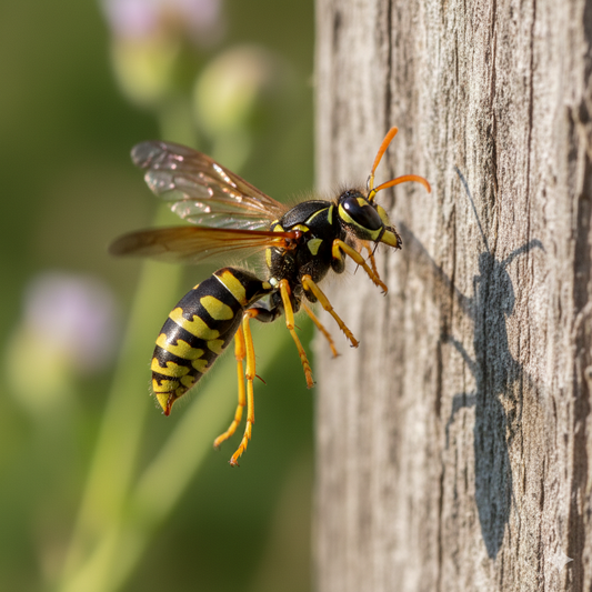 a yellow jacket flies up to a wood fence