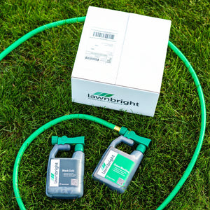 Lawnbright, environmentally-friendly lawncare products on green grass.