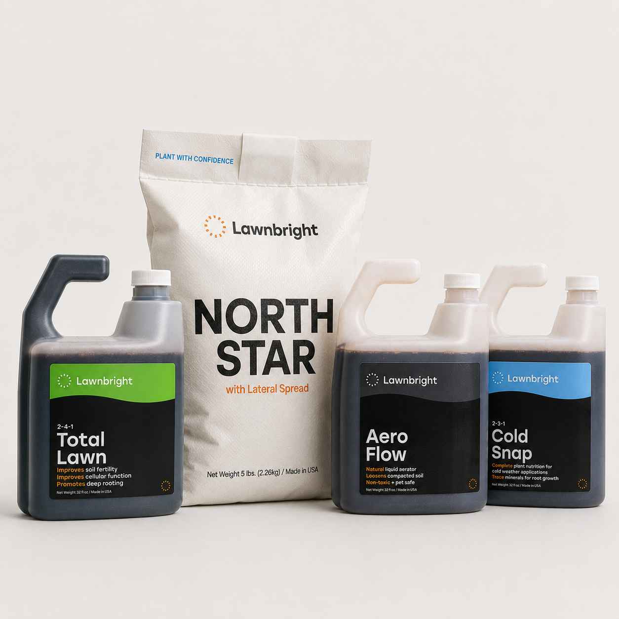 Lineup of Lawnbright bottles and seed in a studio.