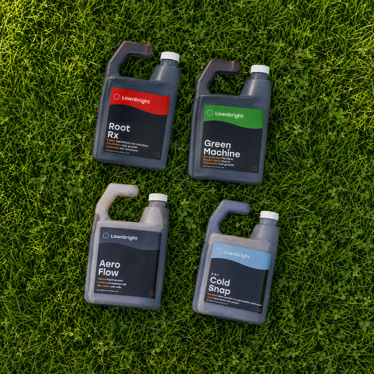 Four bottles of Lawnbright lawn care solutions arranged in a 2x2 grid on green grass: Root Rx, Green Machine, Aero Flow, and All Cold Snap.