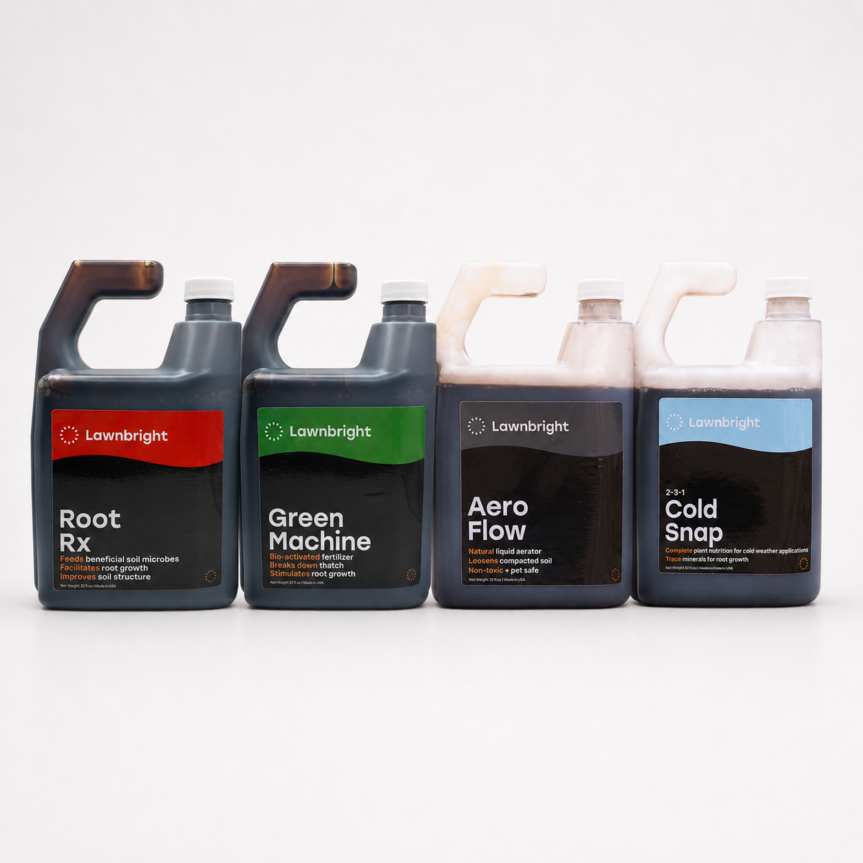 Four Lawnbright liquid plant care bottles arranged in a row on a light gray background: Root Rx, Green Machine, Aero Flow, and Cold Snap.