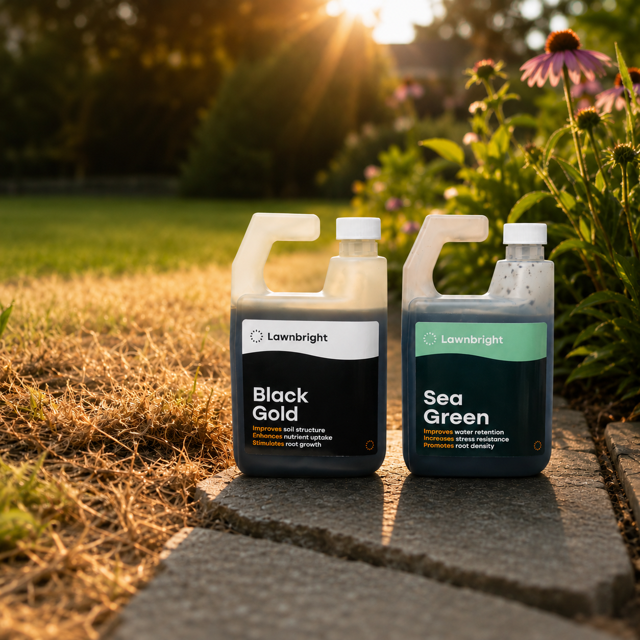 Two bottles of lawnbright fertilizer on a stone path near a brown lawn