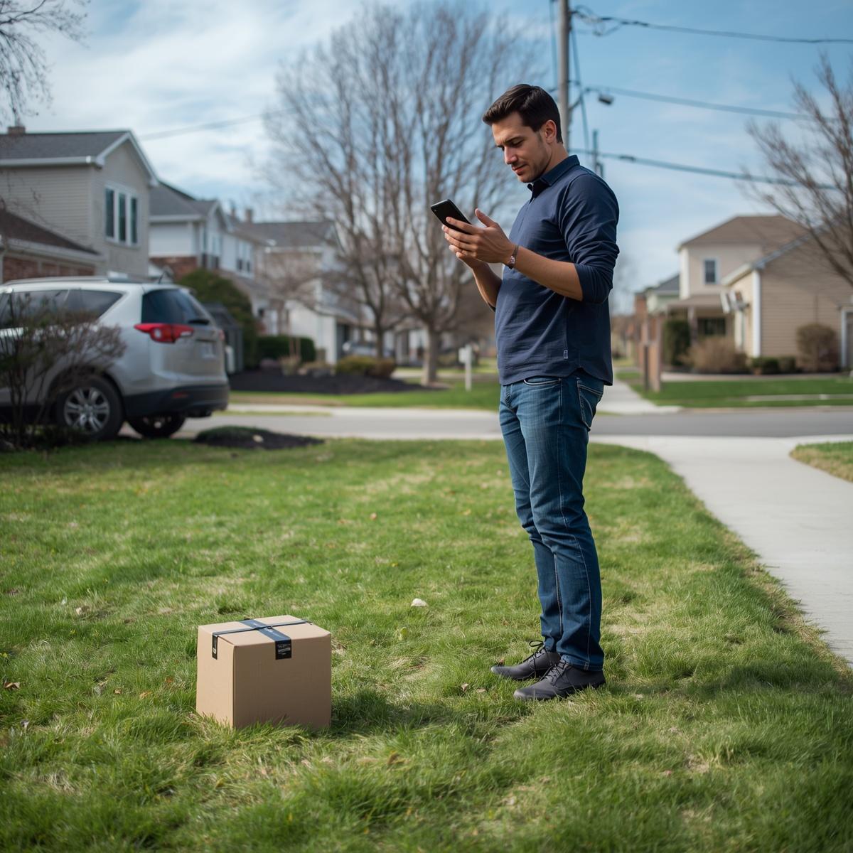 Man standing on grass next to a cardboard box, looking at his phone.