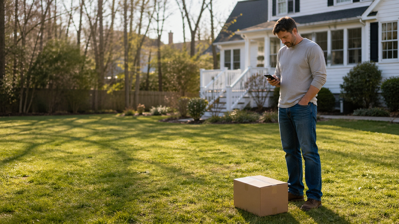 Man standing in a grassy yard with a package on the ground, looking at his phone.