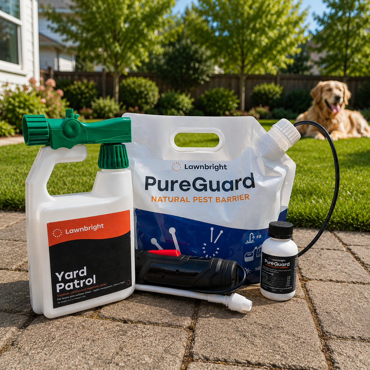 PureGuard and Yard Patrol on a patio with a dog in the background