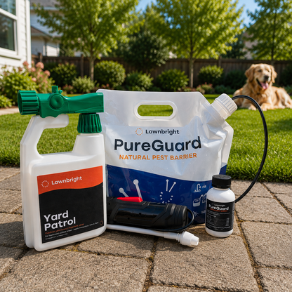PureGuard and Yard Patrol on a patio with a dog in the background