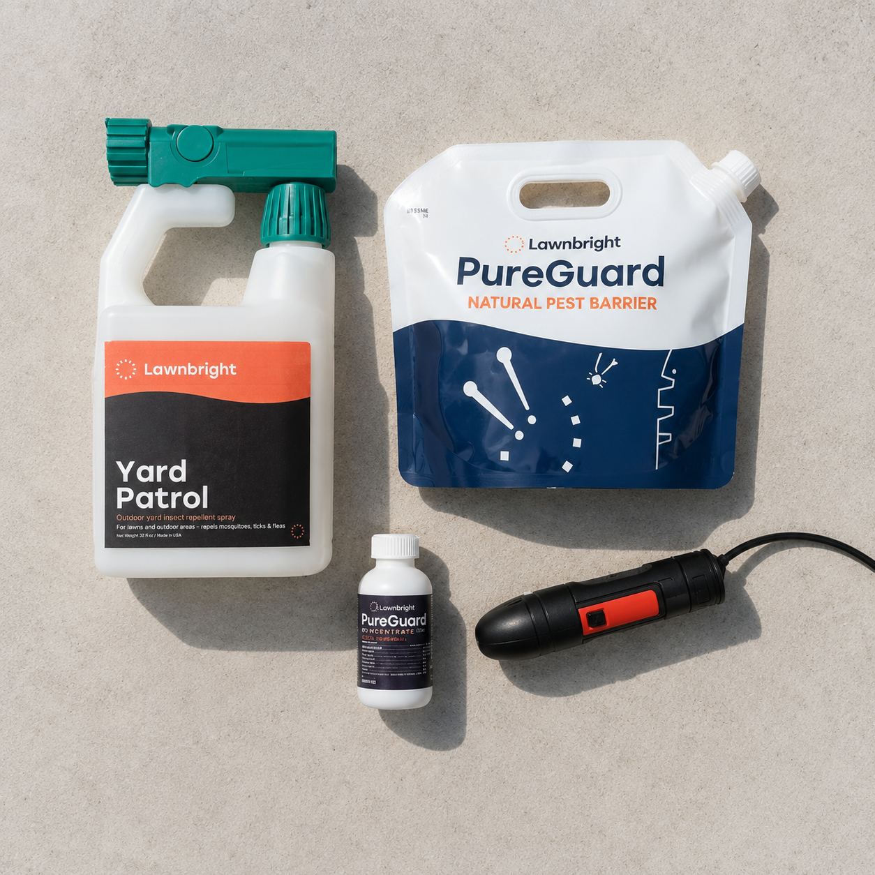 Flat lay image of Lawnbright Yard Patrol, PureGuard and wand