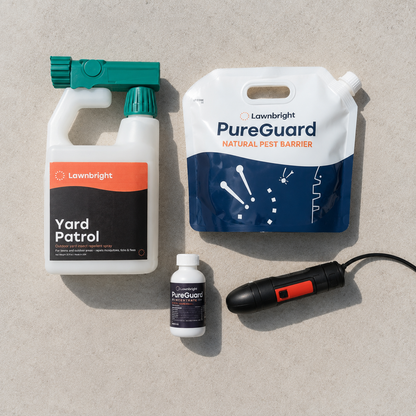 Flat lay image of Lawnbright Yard Patrol, PureGuard and wand