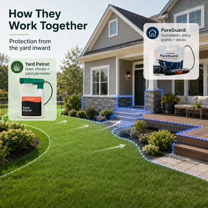 Lawnbright Yard Patrol and PureGuard coverage image demonstrating barrier coverage for home and yard