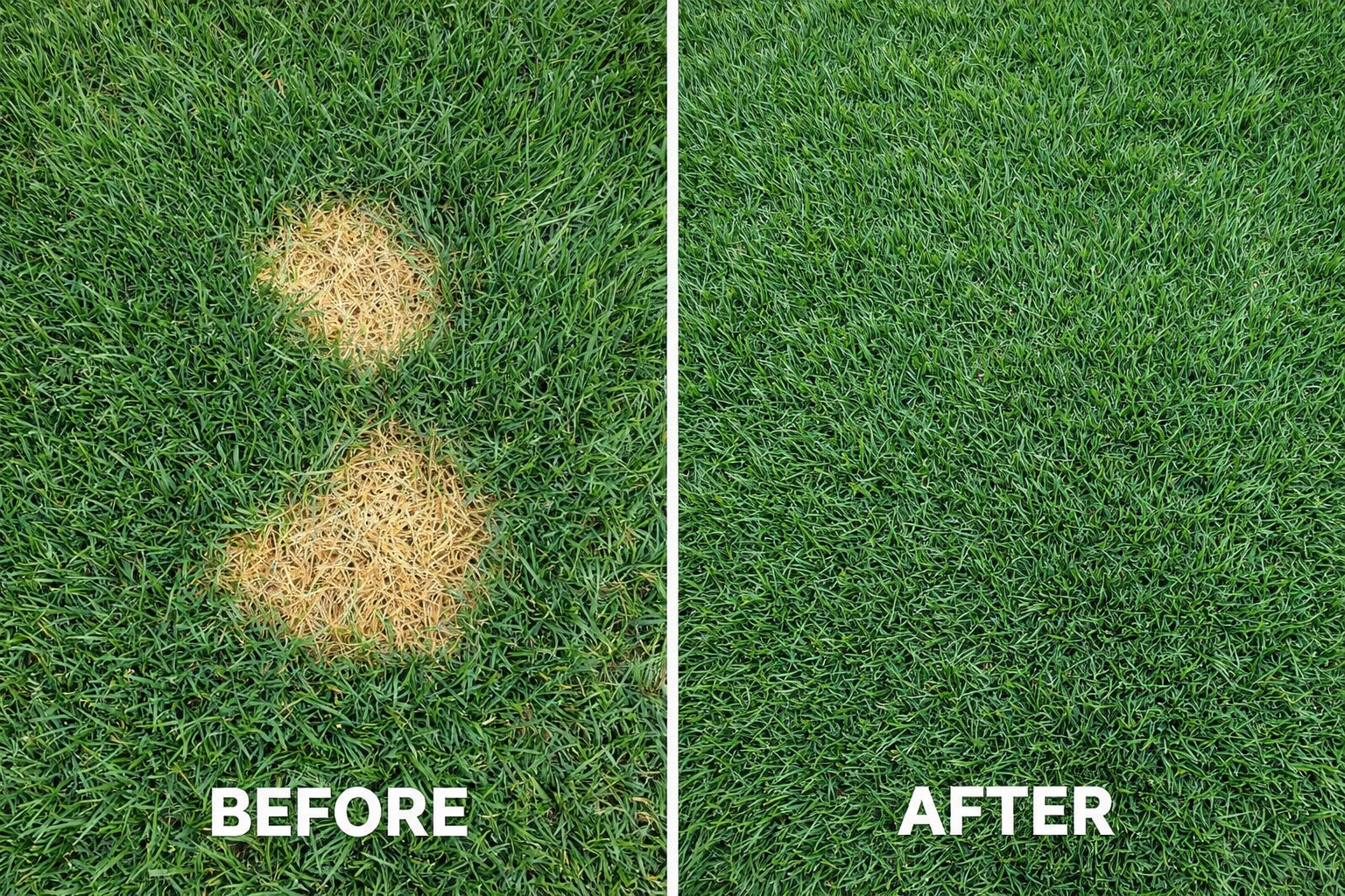 Before and after comparison of grass with a patch of brown grass labeled 'Before' and green grass labeled 'After'.