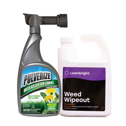 Two bottles of lawn care products, one labeled 'Pulverize' and the other 'Lawnbright Weed Wipeout', on a white background.