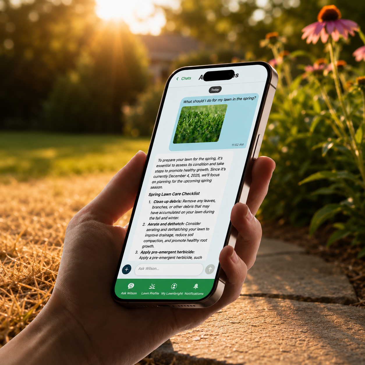 a hand holds a lawn care app against a dormant grass