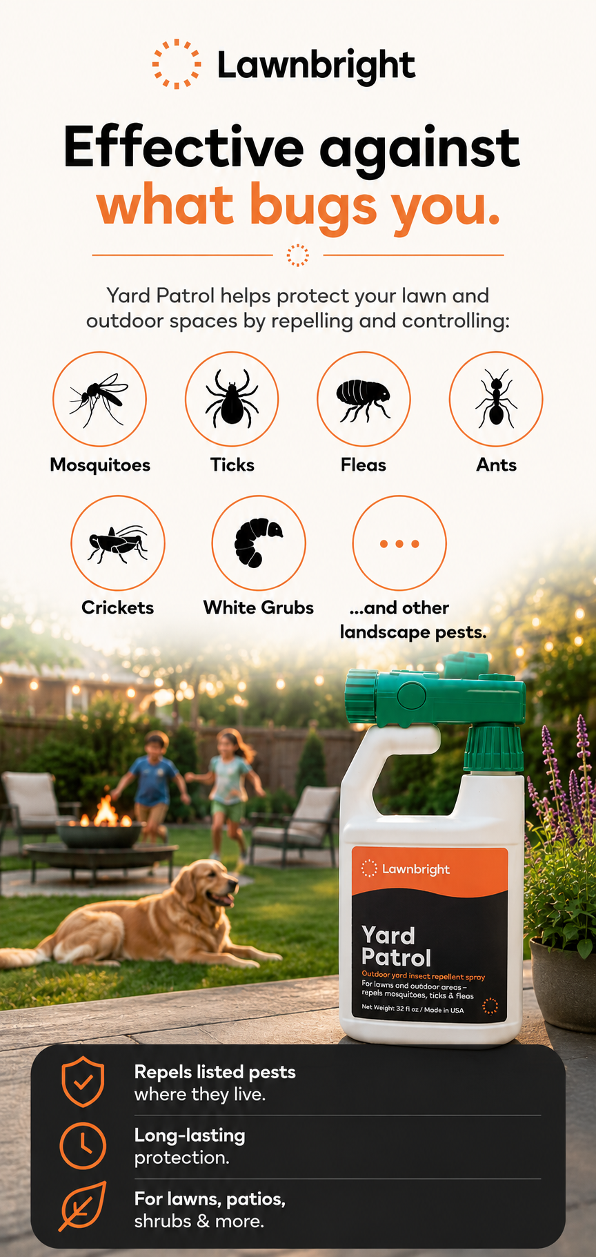 Advertisement for Lawnbright Yard Patrol showing a bottle of the product with text about pest control in a garden setting.