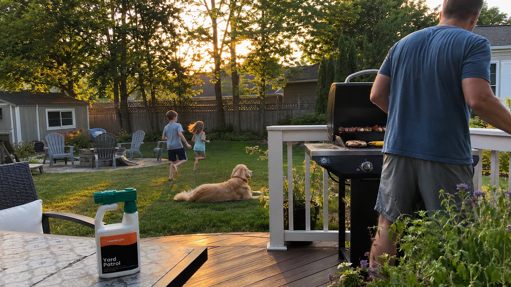 Chidlren play on the lawn at dusk while a dad grills