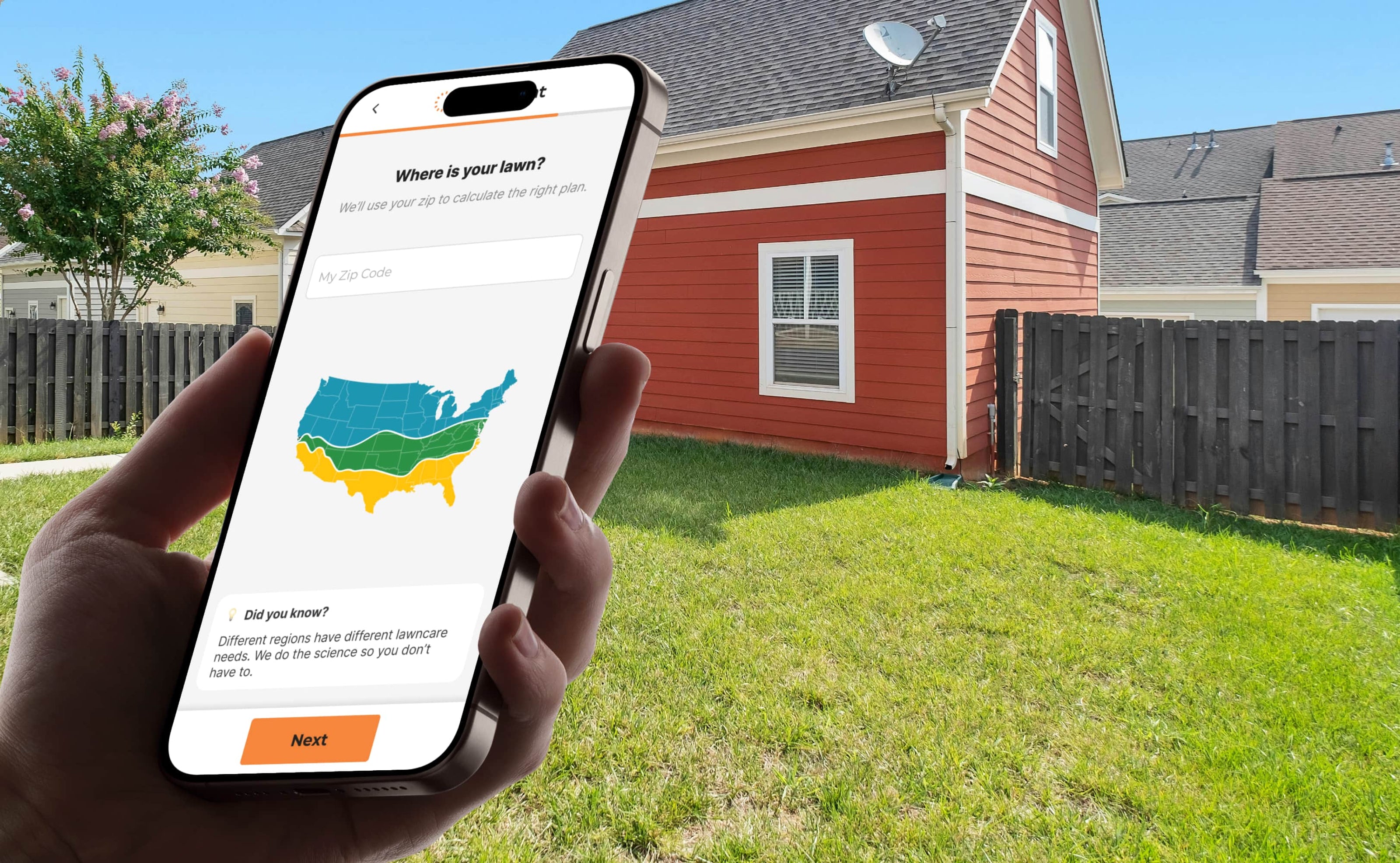 Person outside in a yard, holding a phone with the first question of a quiz displayed: Where is your lawn?