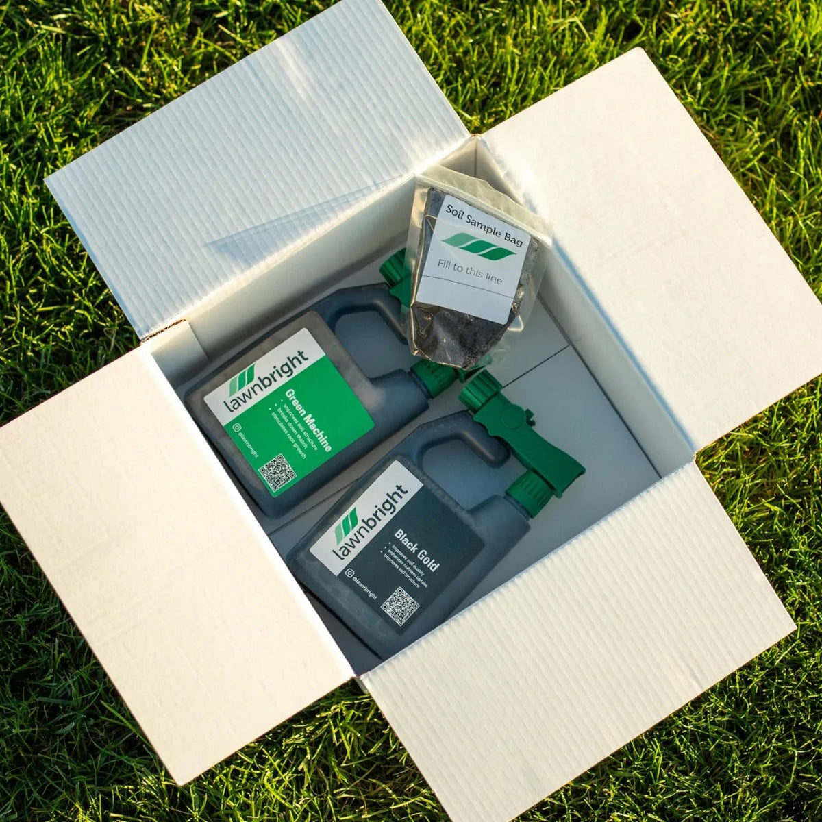 Lawnbright shipment of Green Machine, Black Gold, and Soil Sample kit.