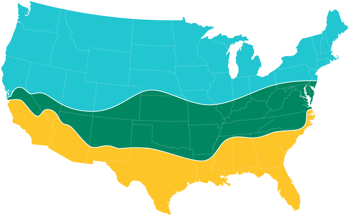 A map of the USA, with cool (northern third), transition (middle third) and warm (southern third) zones highlighted.